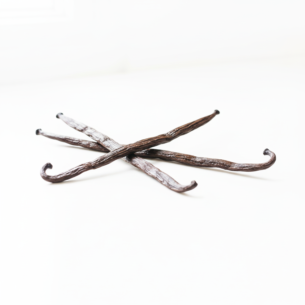 Three vanilla beans on pure white