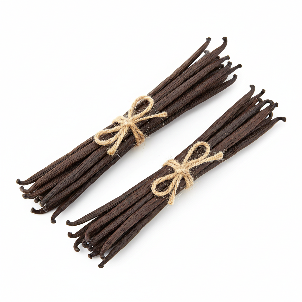 Two bundles of vanilla beans with twine