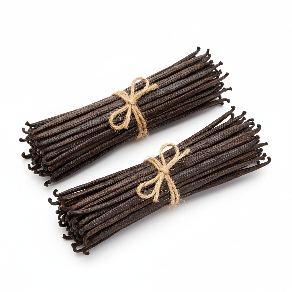 Two horizontal vanilla bean bundles with twine