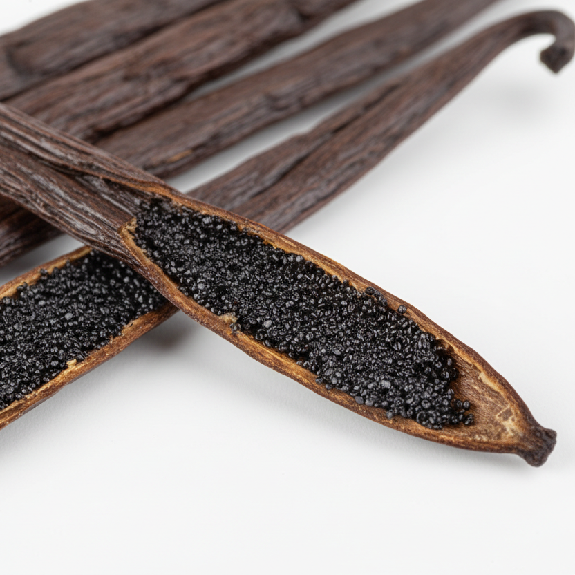 Vanilla beans with fine caviar seeds